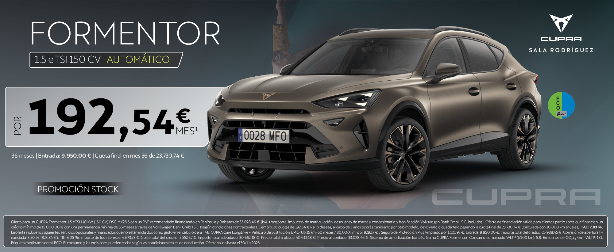 ¡Promoción Stock! Nuevo CUPRA Formentor hibrido por 192,54€/mes*